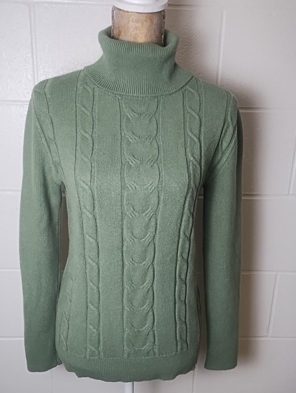 Soft Classic Cable Knit Fitted Turtleneck Sweater - Sage Green